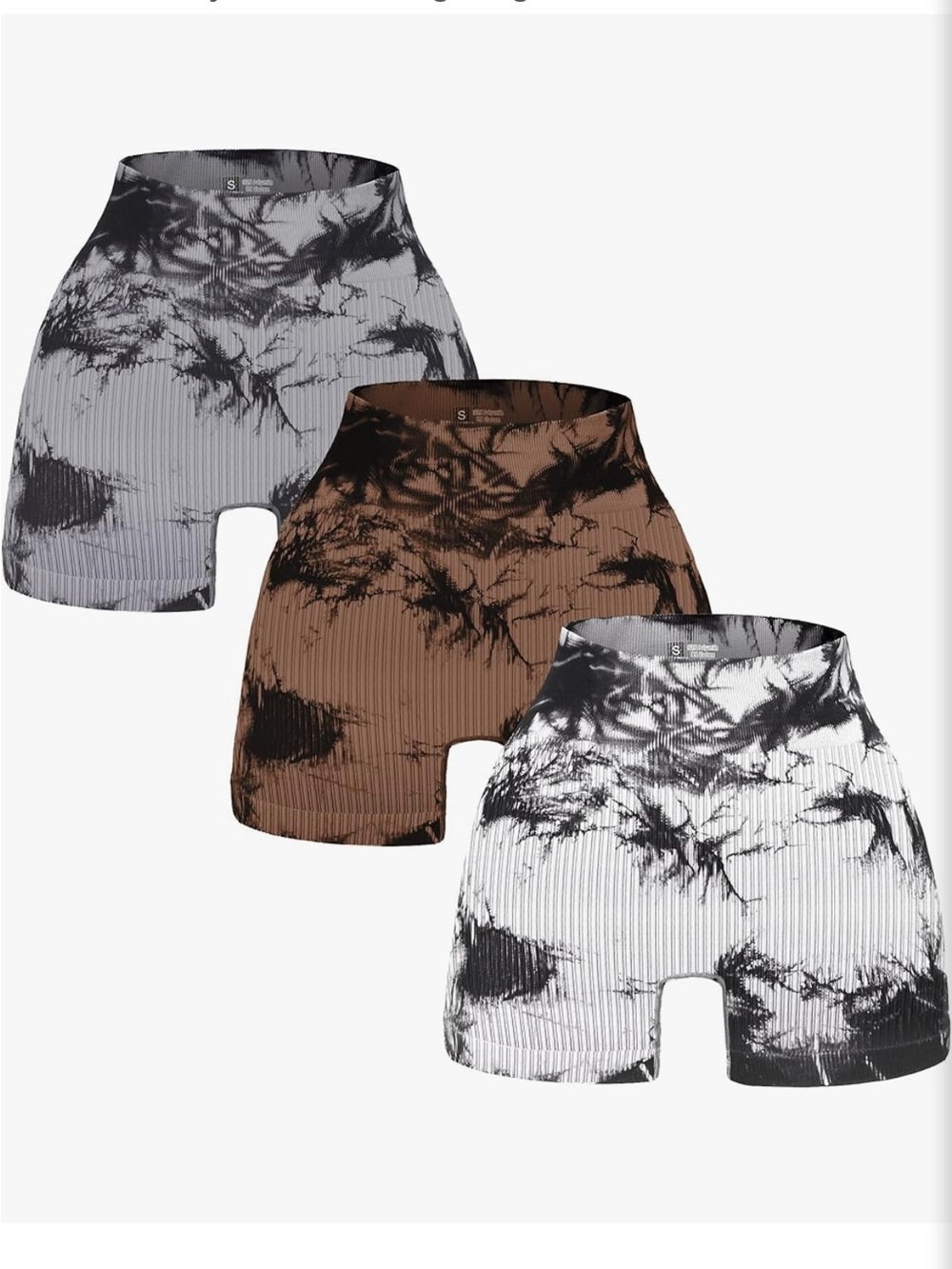 Seamless High Waist Tie-Dye Ribbed Yoga Shorts - Black/White, Brown, Gray